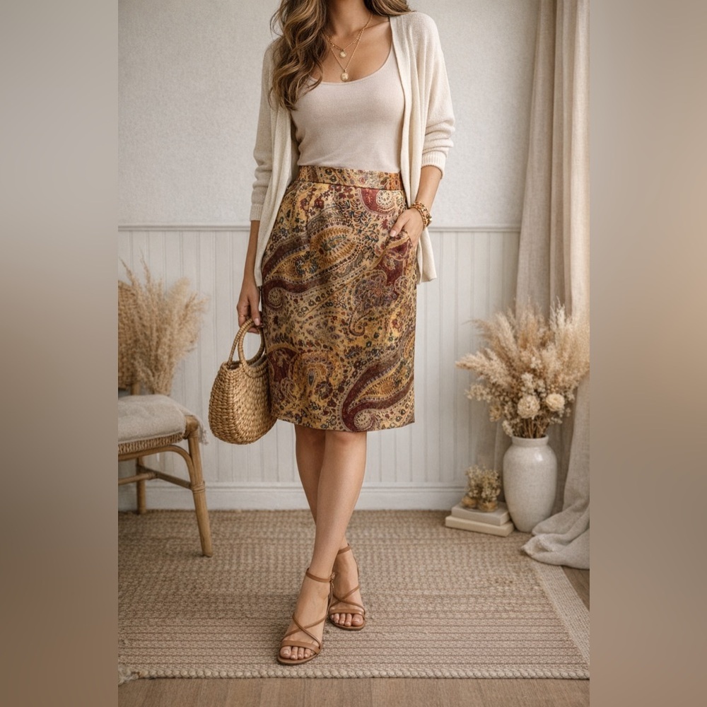 100% Silk Paisley Skirt Size 14 Lined Boho